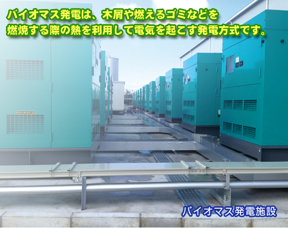 バイオマス発電は、木屑や燃えるゴミなどを燃焼する際の熱を利用して電気を起こす発電方式です。